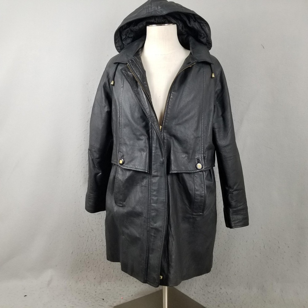 Comint Coat Womens Medium Black Leather Hooded Zip Quilted Lined Parka